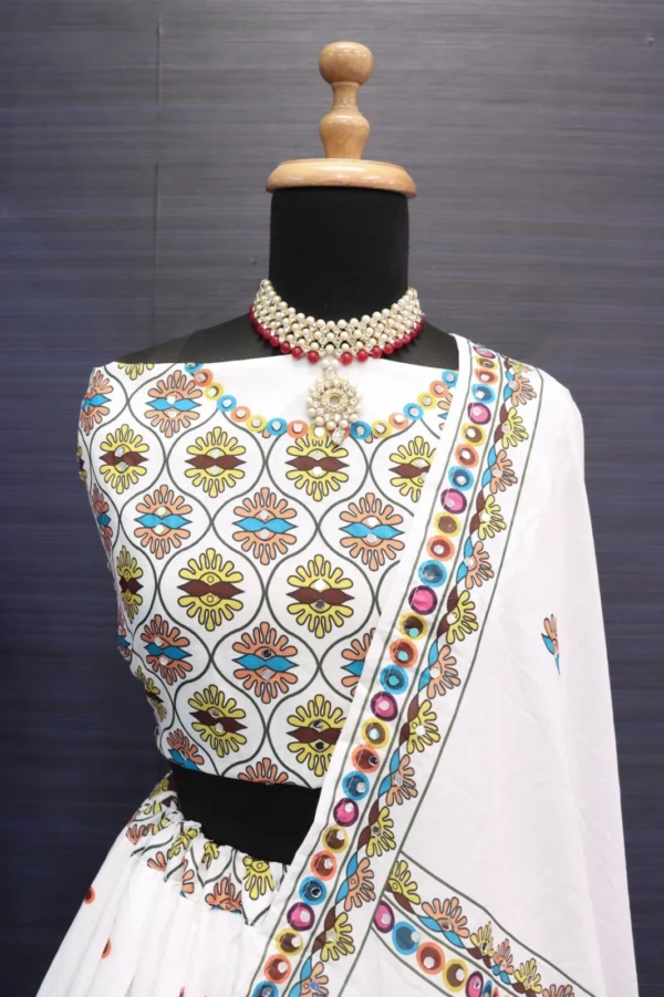 Party Wear Cotton Printed White Lehenga Choli - Image 5