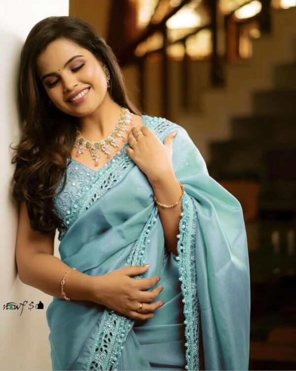 Party Wear Silver Tissue Silk Sky Blue Saree - Image 3