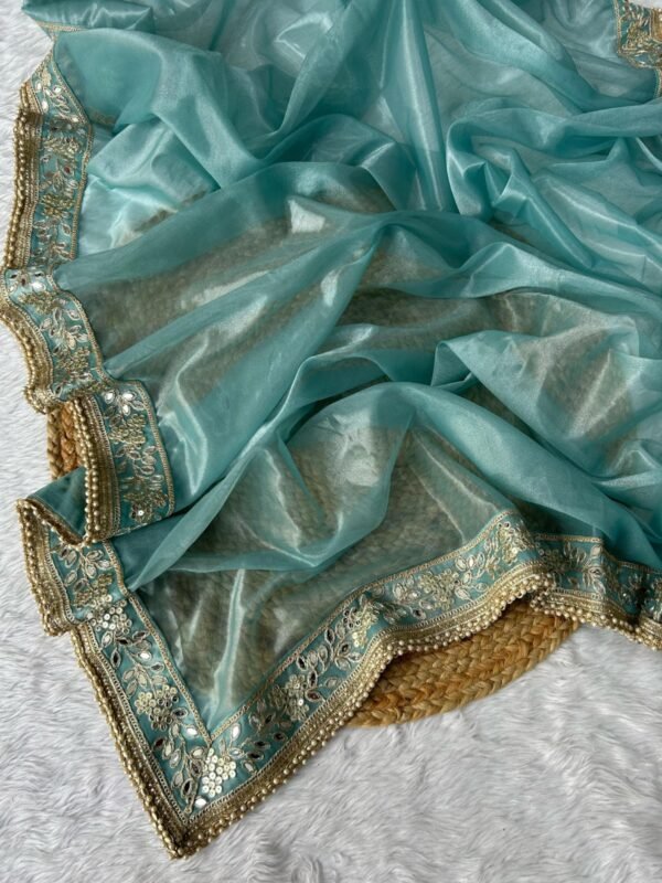 Party Wear Silver Tissue Silk Sky Blue Saree - Image 4