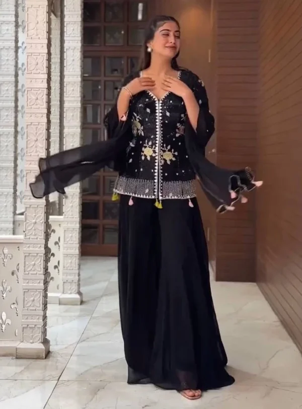 Party Wear Georgette Black Sharara Suit - Image 4