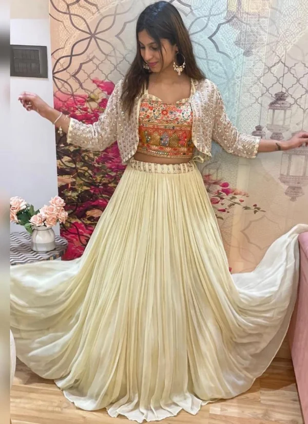 Party Wear White Lehenga Choli With Koti