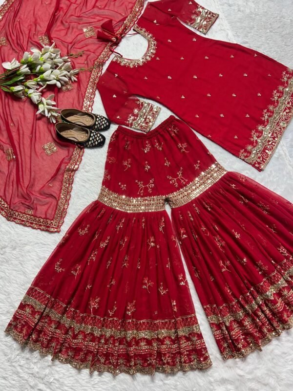 Party Wear Georgette Red Sharara Set - Image 4