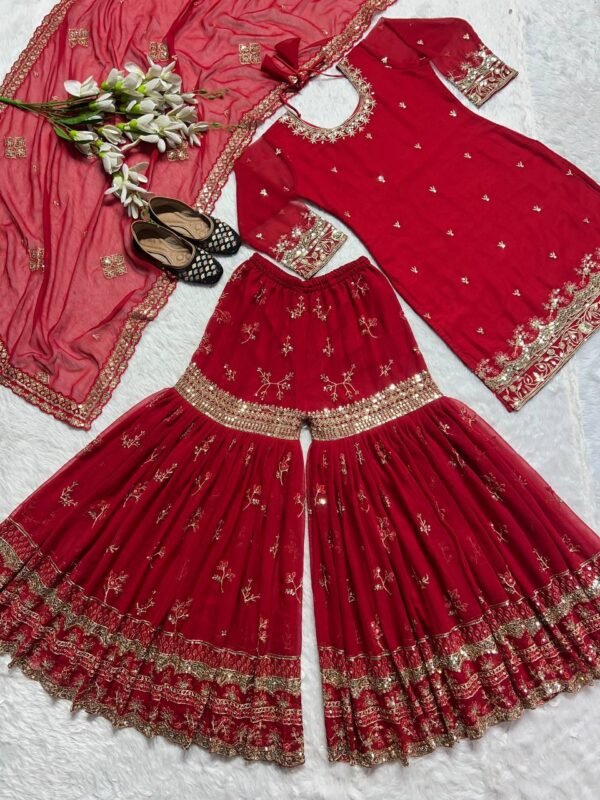 Party Wear Georgette Red Sharara Set - Image 5