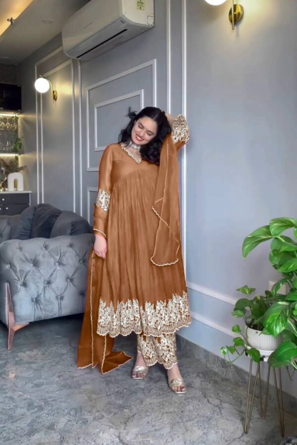 Readymade Silk Alia Cut Brown Anarakali Set - Image 3