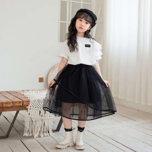 White and Black Ruffle Embellished Skirt Set