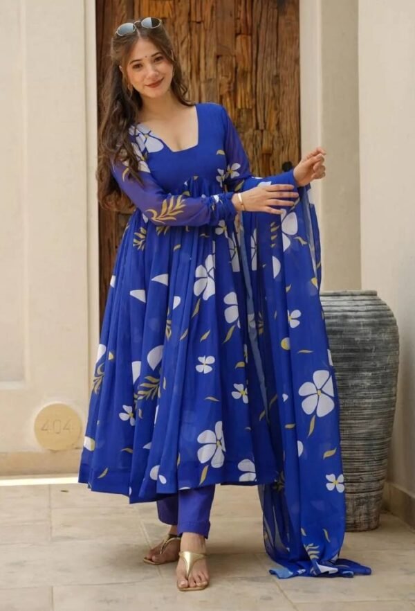 Georgette Printed Blue Anarkali kurta Set