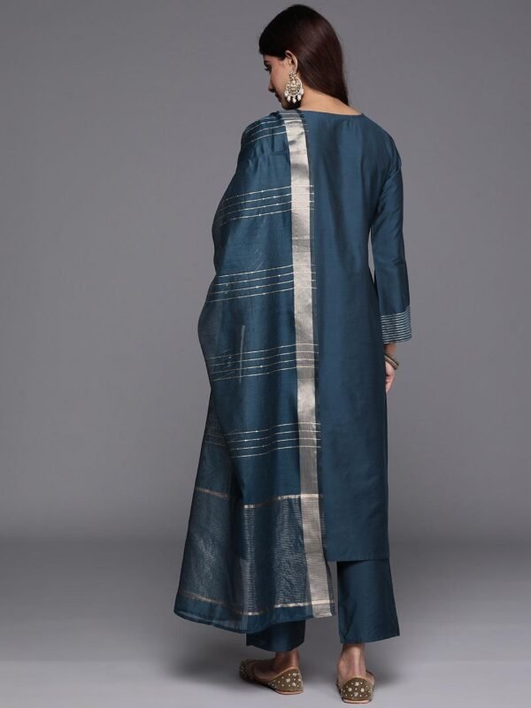 Blue Solid Silk Blend Straight Suit With Dupatta - Image 3