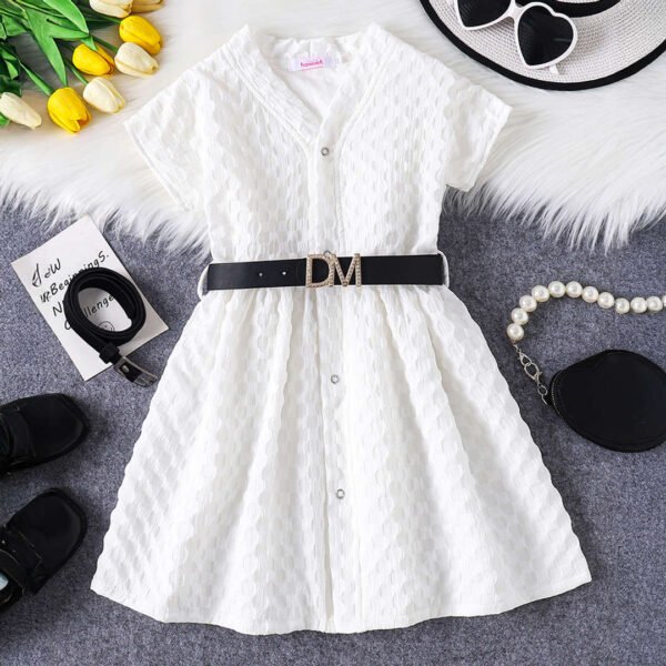 Girls White Solid Casual Dress with Belt