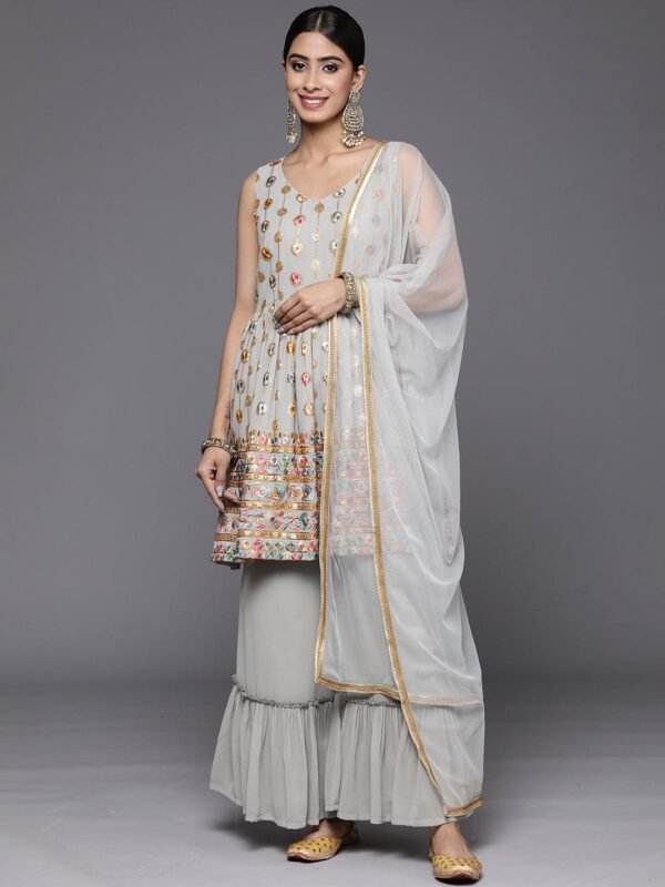 Grey Embroidered Georgette A-Line Sharara Suit Set With Dupatta - Image 2