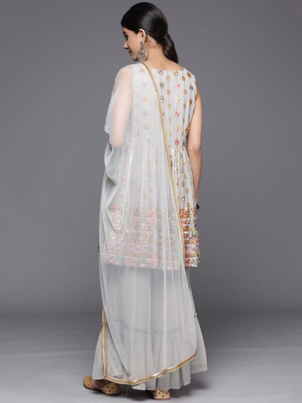 Grey Embroidered Georgette A-Line Sharara Suit Set With Dupatta - Image 4