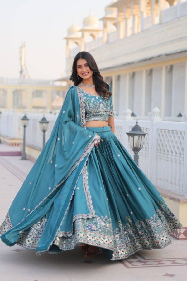 Traditional wear Teal Blue Color Sequence Work Lehengha Choli