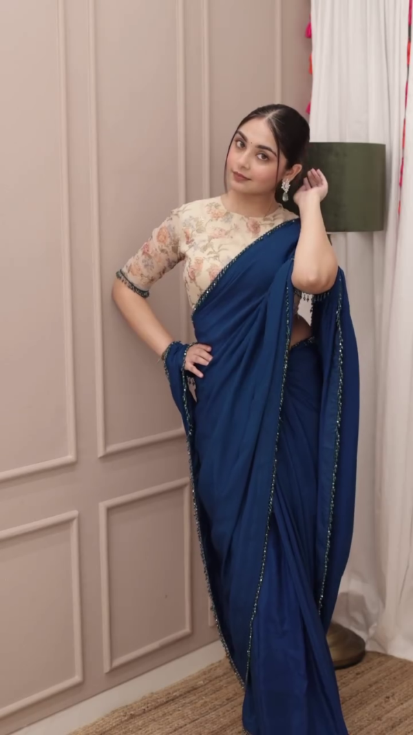 Women's Ready to Wear Plain Navy Blue Satin Silk 1 Minute Pre Pleated Saree - Image 3