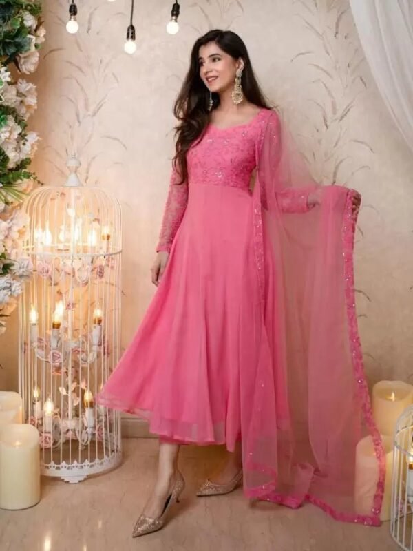 Embroidered Georgette Stitched Anarkali Gown (Pink) - Image 2