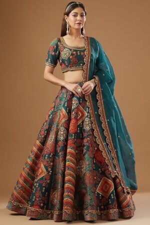 Teal Green Multicolor Embroidered Raw Silk Lehenga Set