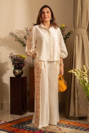 Piñon Prado pleated scalloped embroidered linen wide-leg pants