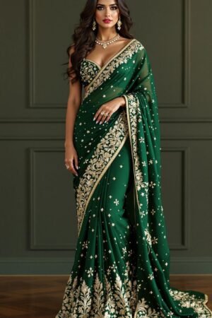Bottle Green Saree In Satin With Hand Embroidered Floral Buttis Using Cut Dana And Sequins Work Along With Unstitched Blouse