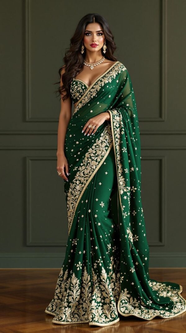 Bottle Green Saree In Satin With Hand Embroidered Floral Buttis Using Cut Dana And Sequins Work Along With Unstitched Blouse