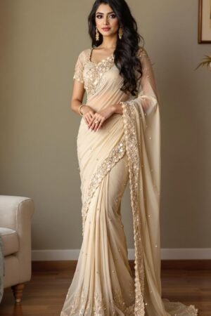 Women's Faux Georgette Embroidery Lace Border Saree With Unstitched Blouse Piece