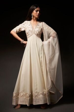 White Pure Raw Silk Embroidered Sequin Floral Zardozi Anarkali With Dupatta