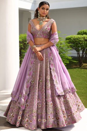 Purple Silk, Satin, Organza Flower Bloom Hand Embroidered Bridal Lehenga Set