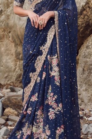 Powder Blue Three-Dimensional Floral Saree