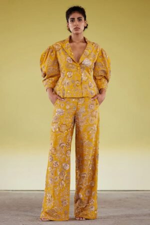 product Printed Jacket And Pant & Eabroidery Blouse Set