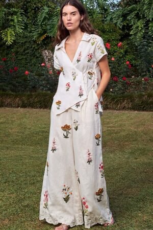 Off White Pure Silk Chanderi Embroidery Blossom Collar Petunia Shirt With Pant