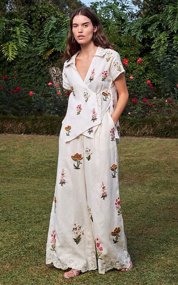 Off White Pure Silk Chanderi Embroidery Blossom Collar Petunia Shirt With Pant