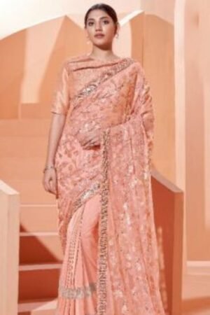 Soap Orange Lycra Saree with Thread and Sequins Embroidery Work