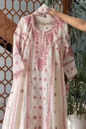 Embroidered Pink and White Kurta