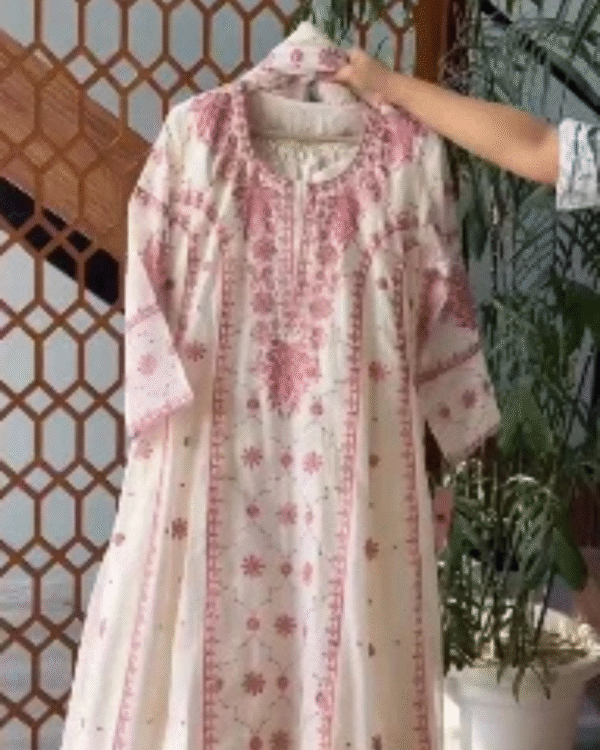 Embroidered Pink and White Kurta
