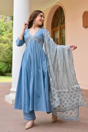 Joveos Gallery Georgette Chikankari & Real Mirror Work Gown with Dupatta for Women,