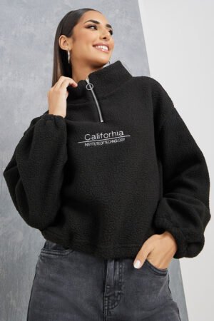 Half Zip Letter Embroidered Drawstring Sweatshirt