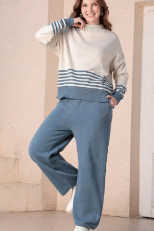 Striped Knit Sweater & Relaxed Blue Lounge Pants Set