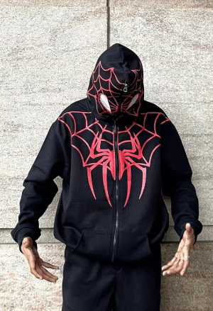 Black Zip-Up Hoodie with Red Web Graphic Design