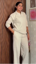 Elegant Ribbed Knit Polo & Matching Lounge Pants Set