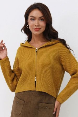 Women's Mustard Ribbed Knit Zip-Up Hoodie