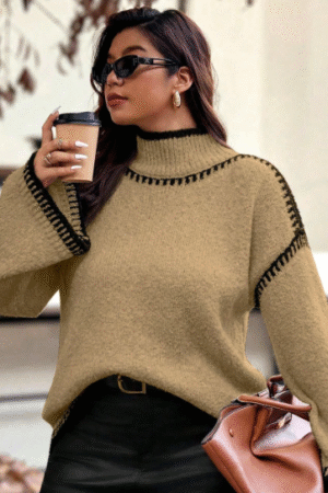 Women's Camel High-Neck Sweater with Contrast Stitching