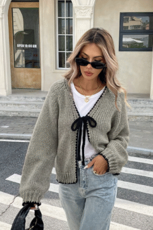 Women's Gray Knit Cardigan with Black Bow Tie