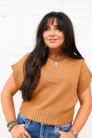 Women's Camel Sleeveless Ribbed Knit Top