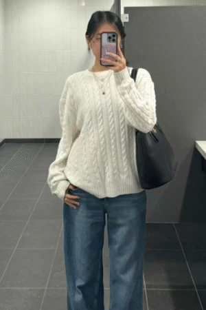 Women's White Cable-Knit Sweater