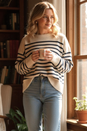 Women's Cream & Navy Striped Knit Sweater