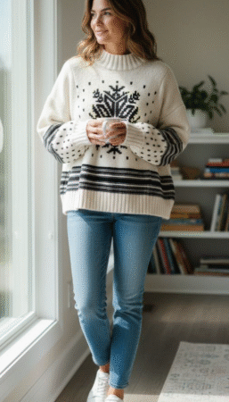Women's Cream Snowflake Knit Sweater