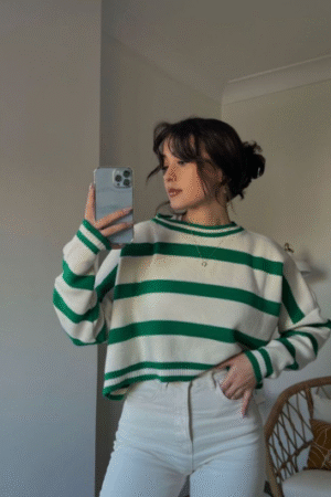 Women's Green & White Striped Cropped Sweater