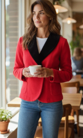 Women's Red Blazer with Black Contrast Collar