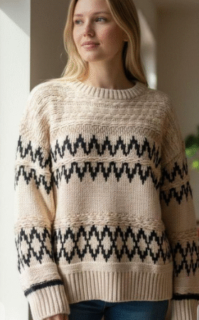 Women's Cream Geometric Knit Sweater
