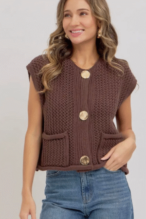 Women's Brown Sleeveless Knit Button Cardigan