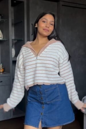 Striped Quarter-Zip Pullover with Denim Mini Skirt