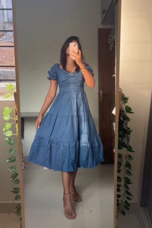 Women’s Blue Denim Fit & Flare Dress with Puff Sleeves