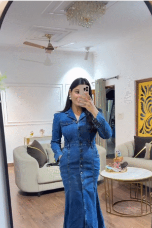 Women’s Blue Denim Maxi Dress with Front Buttons